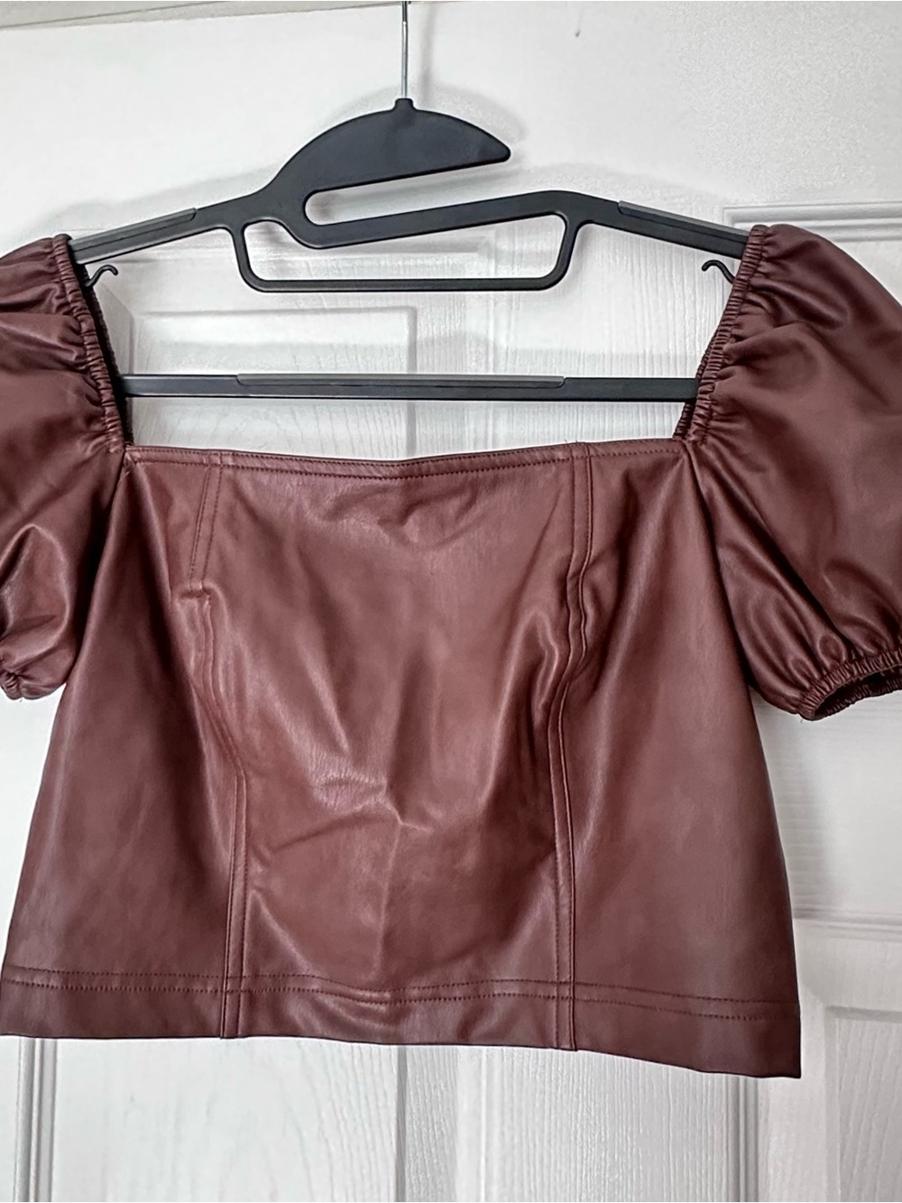 7 For All Mankind Chocolate Brown Vegan Leather Puff Sleeve Crop Top